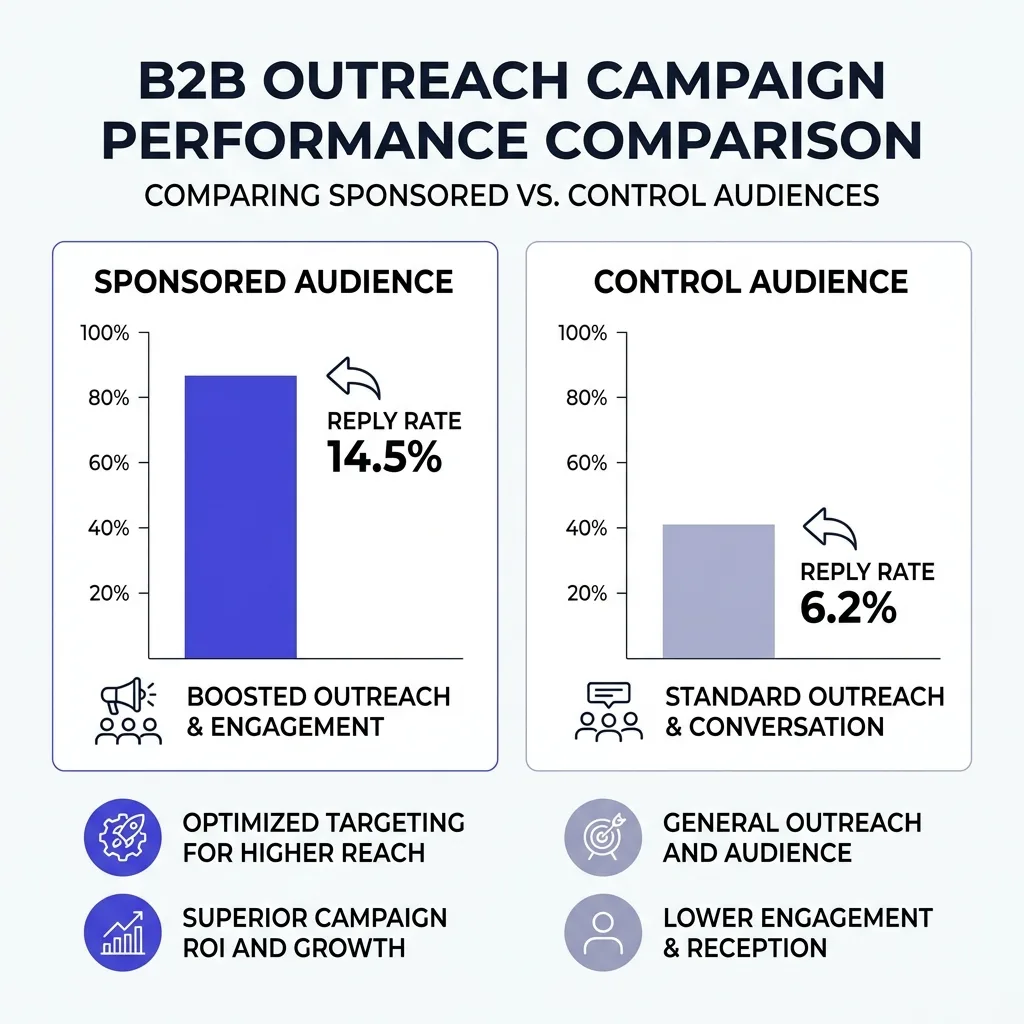 Two cohorts compared side by side for reply rate lift after a newsletter sponsorship warmup