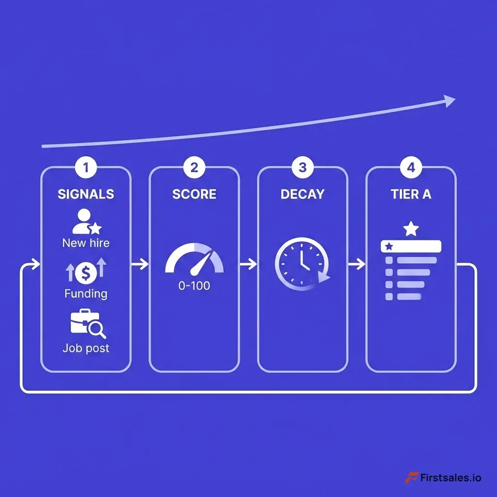 Infographic showing the AI outbound scoring loop in four stages, collect signals from hires funding and job posts, score each account 0-100 on fit plus signal, apply decay as signals age, and surface Tier A accounts to reps with a reply-rate lift arrow at each stage, deep indigo and white flat minimalist design