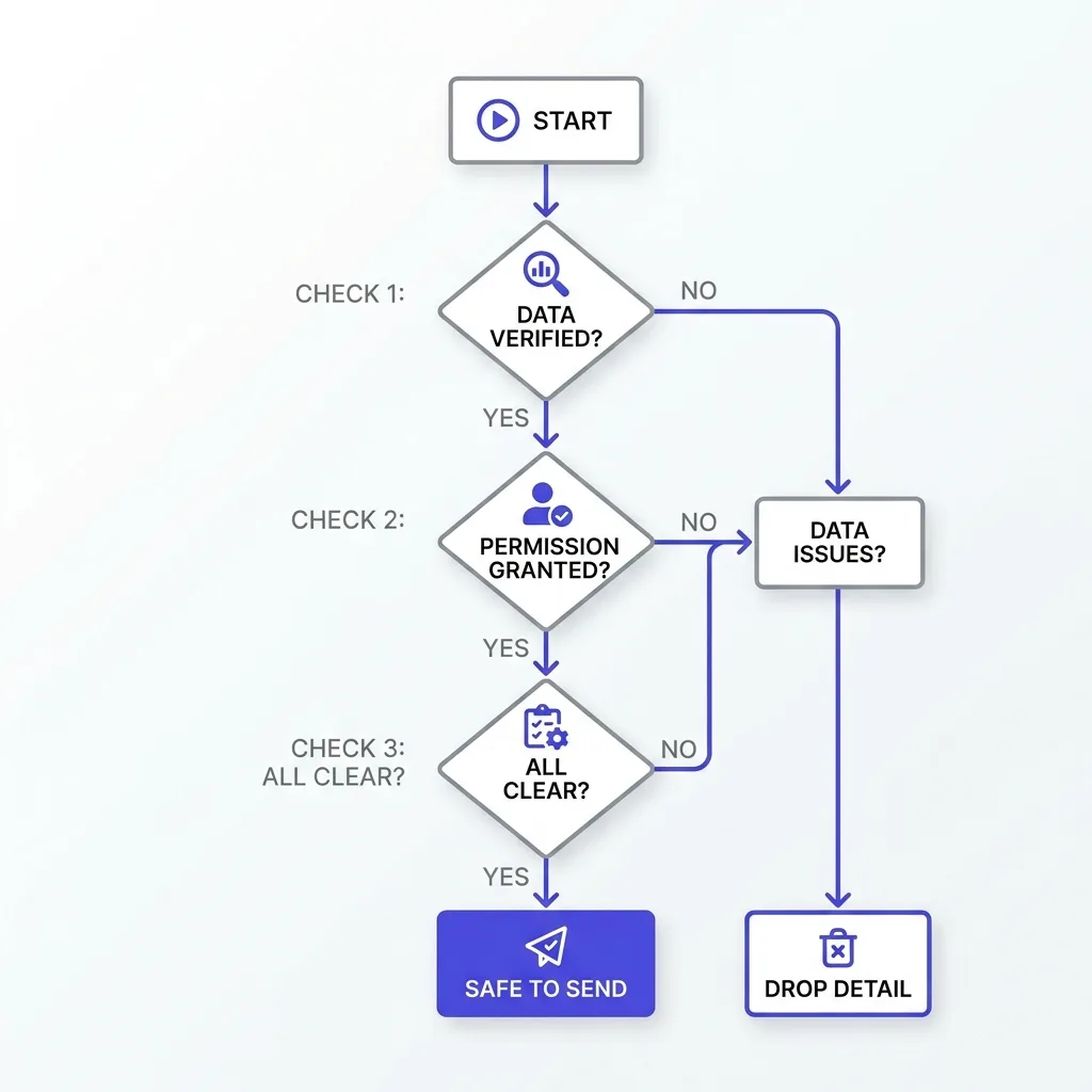 Decision flowchart for checking a personalization detail before it goes into a draft