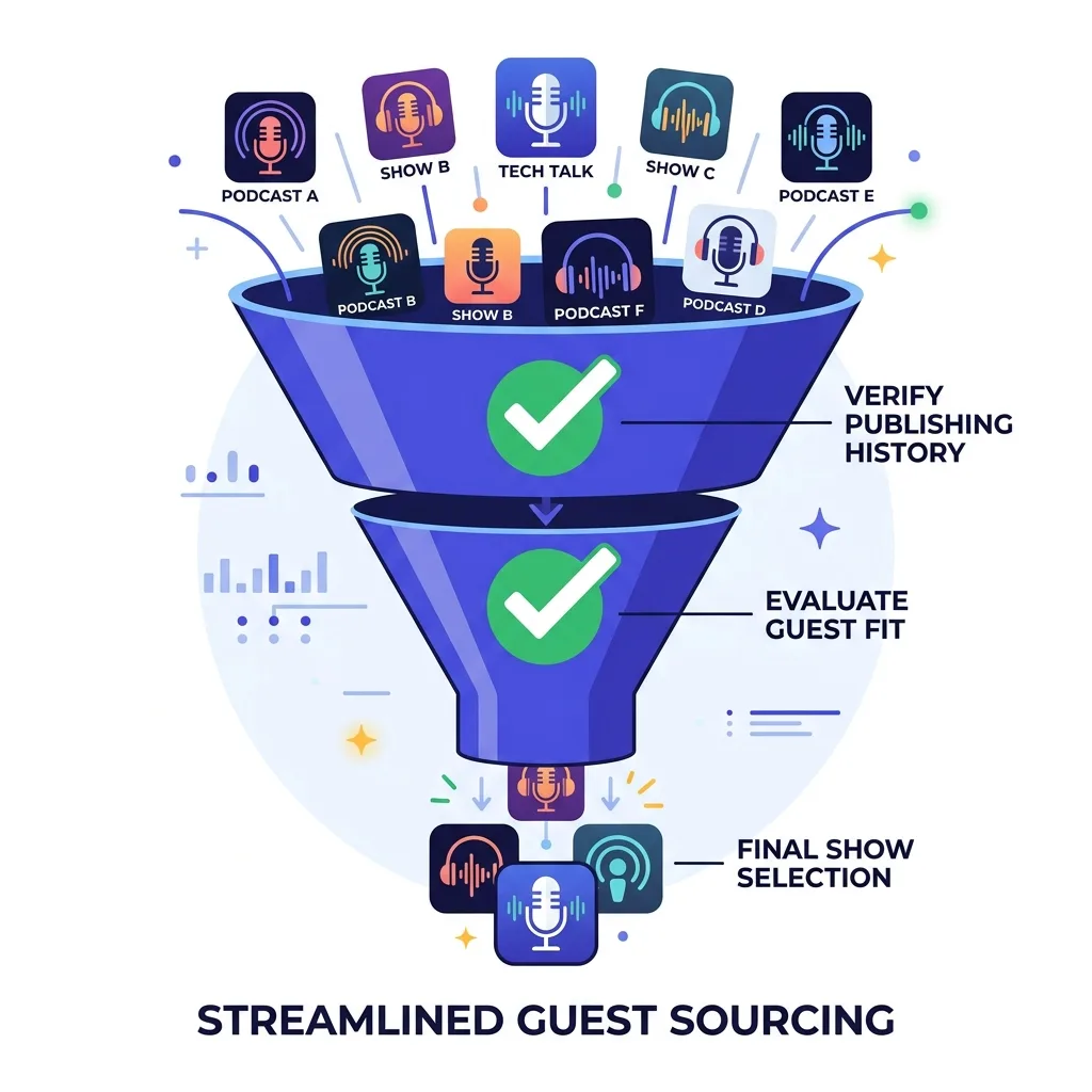 Filtering podcast shows by publishing history and guest fit before mining them for prospects