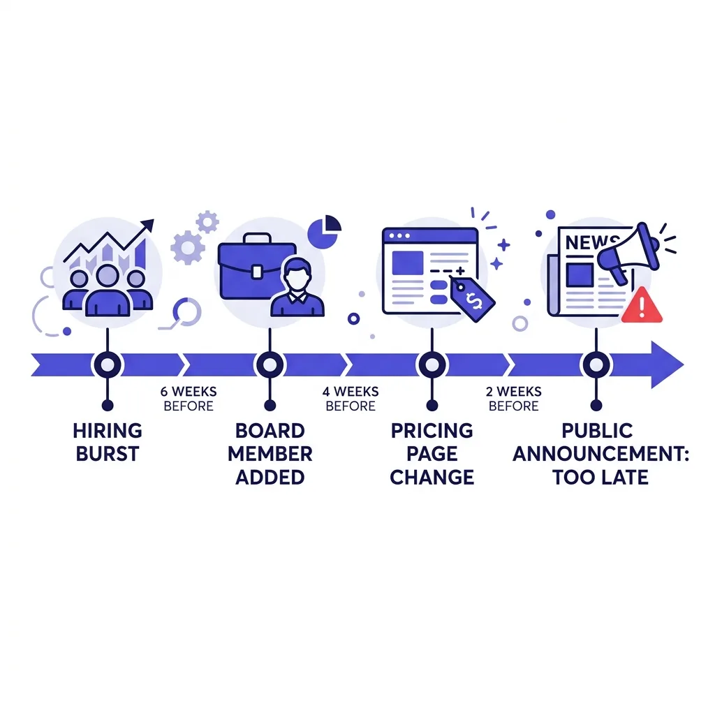 Timeline showing pre-funding signals appearing weeks before a public funding announcement