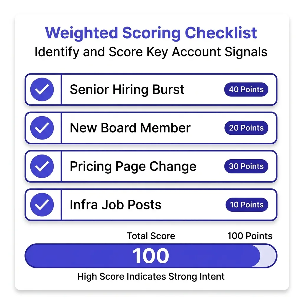 Weighted scoring checklist stacking hiring, board, and pricing signals into one account score