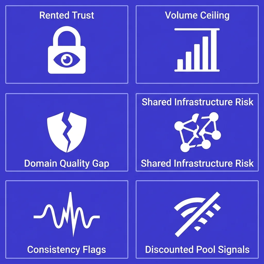Six failure modes of pre-warmed inboxes: rented trust, volume ceilings, domain quality gaps, shared infrastructure risk, consistency flags, discounted pool signals