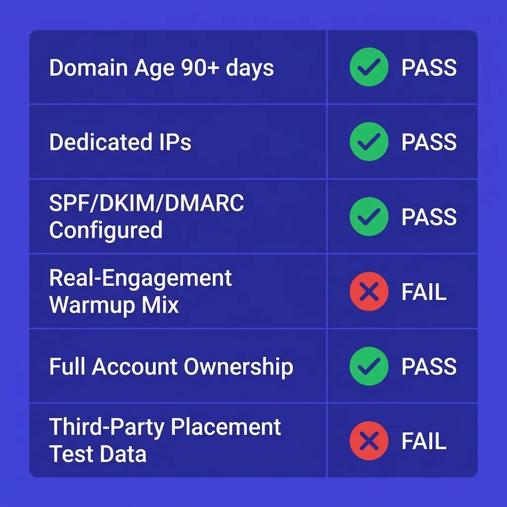 Due diligence checklist for evaluating pre-warmed inbox providers - six categories with green/red status indicators