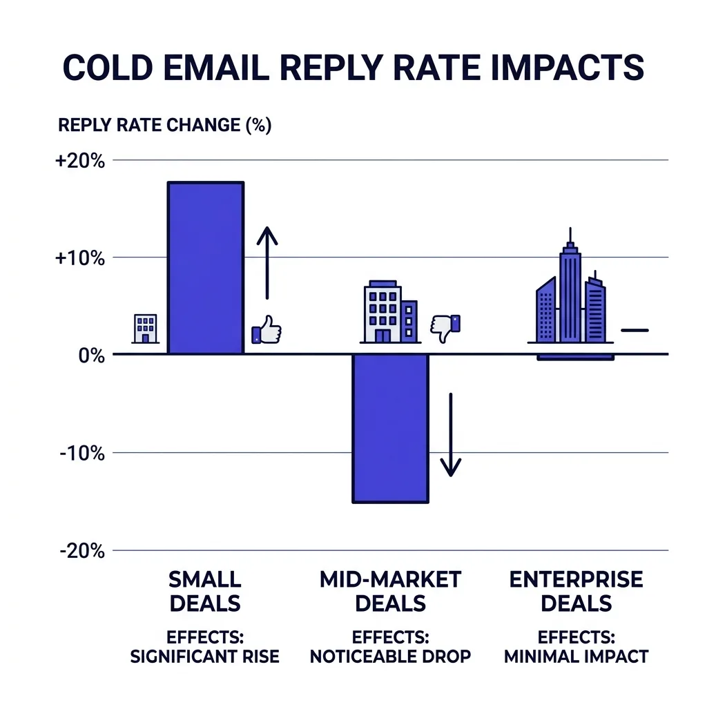 Bar comparison chart showing reply rate impact of pricing disclosure across small, mid, and enterprise deal sizes