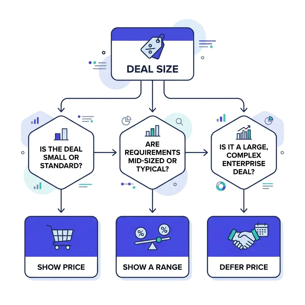 Flowchart infographic mapping deal size bands to pricing disclosure decisions in cold email