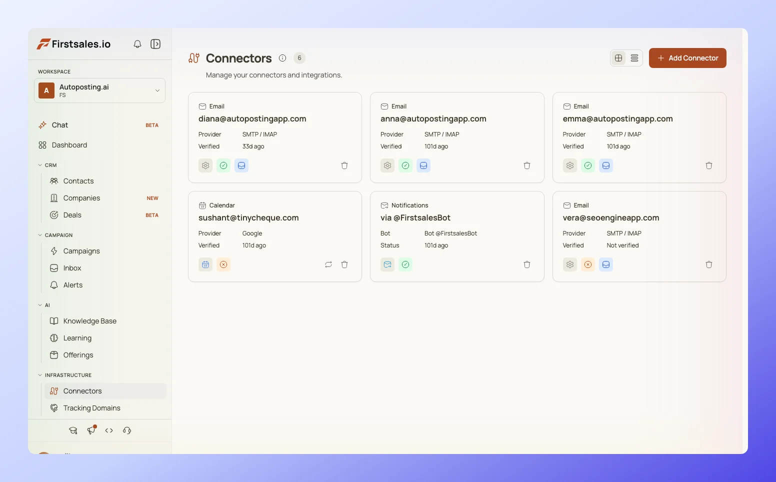 FirstSales deliverability monitor showing bounce rate, spam complaints, and warmup status per mailbox