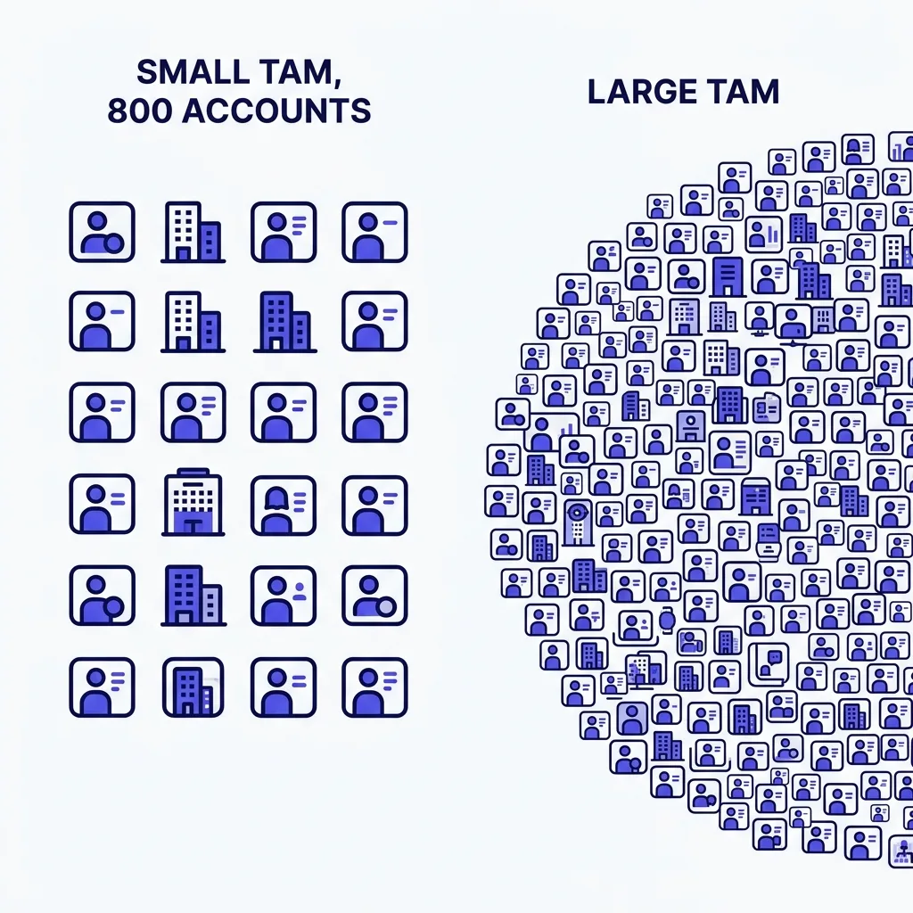 Small TAM account map showing finite accounts versus infinite large market list