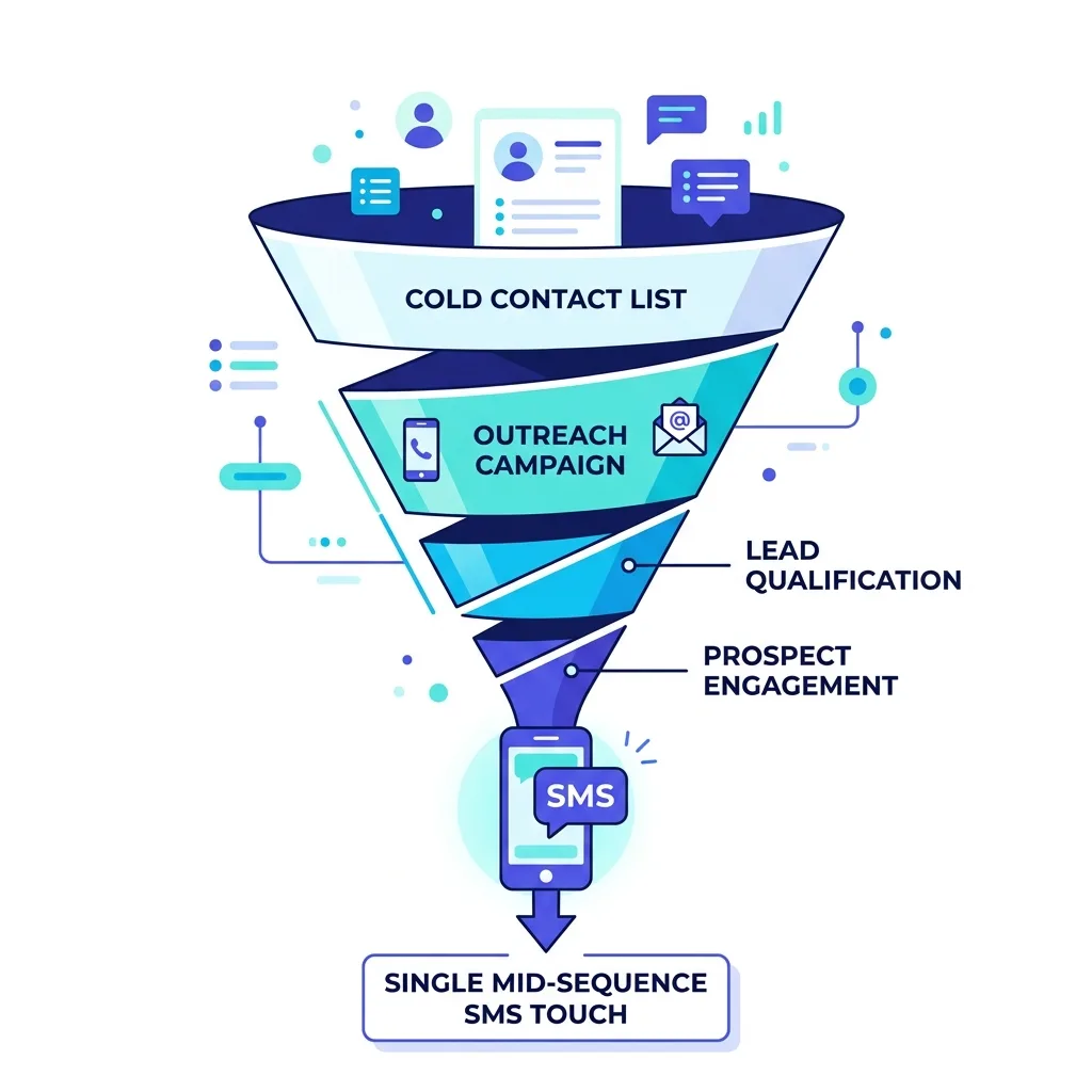 A funnel diagram showing SMS moving from cold list to opted-in mid-sequence touch