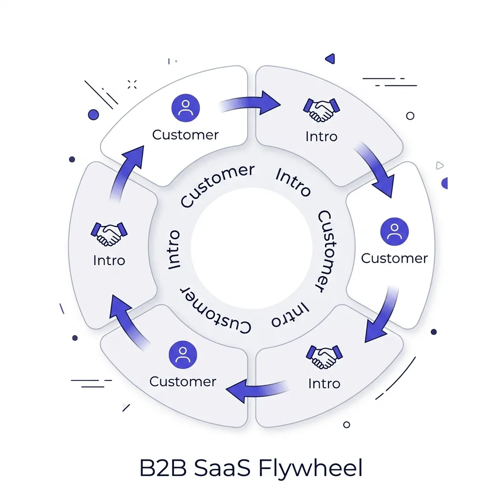 Flywheel diagram showing a warm intro pipeline turning customers into new connectors