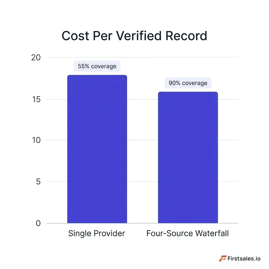 Bar chart comparing cost per verified reachable record across a single provider at about 18 cents and a four-source waterfall at about 16 cents, with the waterfall also showing 90 percent coverage versus 55 percent for the single provider
