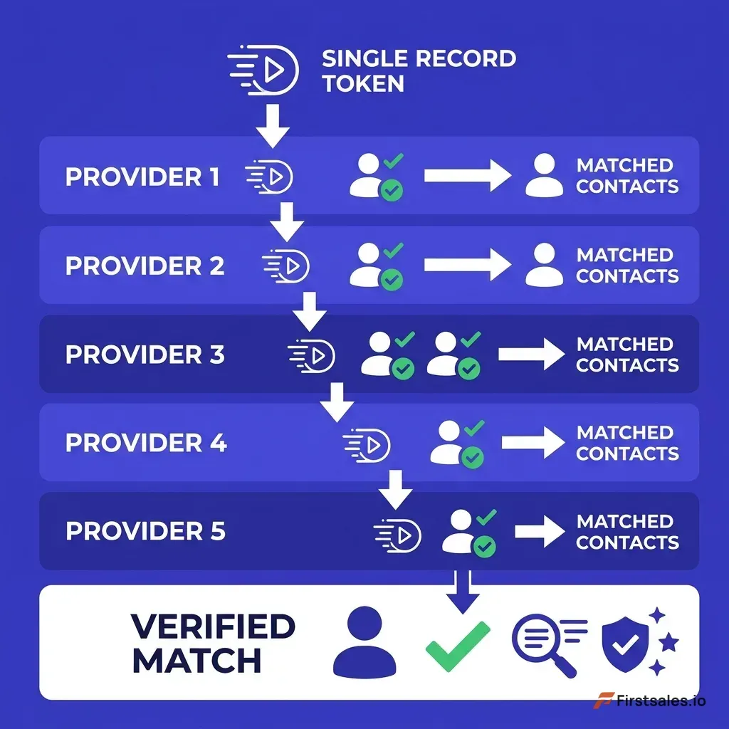 Diagram of records cascading through five stacked B2B data provider layers, each layer catching some matched contacts and passing unmatched records down to the next, with a verified-match output at the bottom
