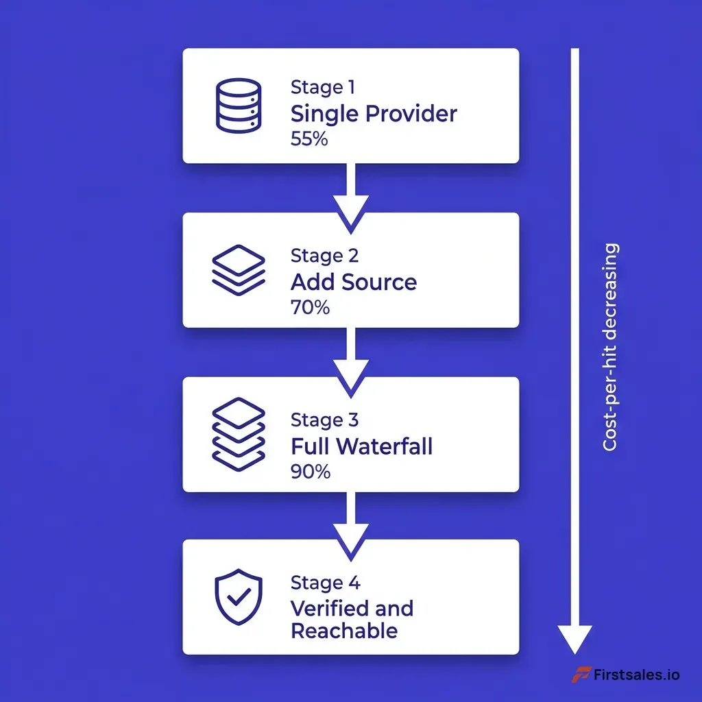 Infographic summarizing the waterfall enrichment payoff: a single provider matching 55 percent of a list versus a four-stage waterfall reaching 90 percent, with cost-per-hit decreasing down the stack and a verified-and-reachable badge at the bottom, deep indigo and white flat design