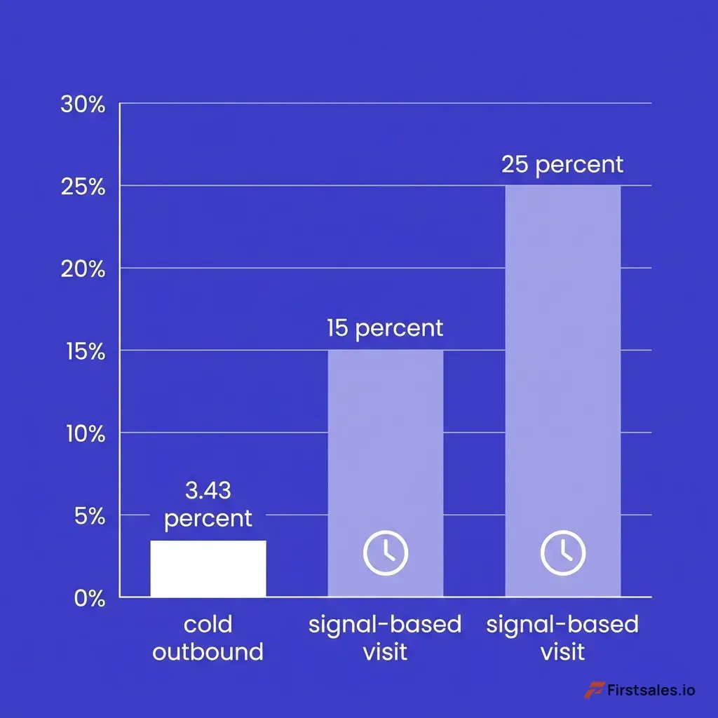 Flat indigo and white bar chart contrasting reply rates: cold outbound at 3.43 percent as a short bar, signal-based outbound from a website visit at 15 to 25 percent as tall bars, with a small clock icon marking faster follow-up