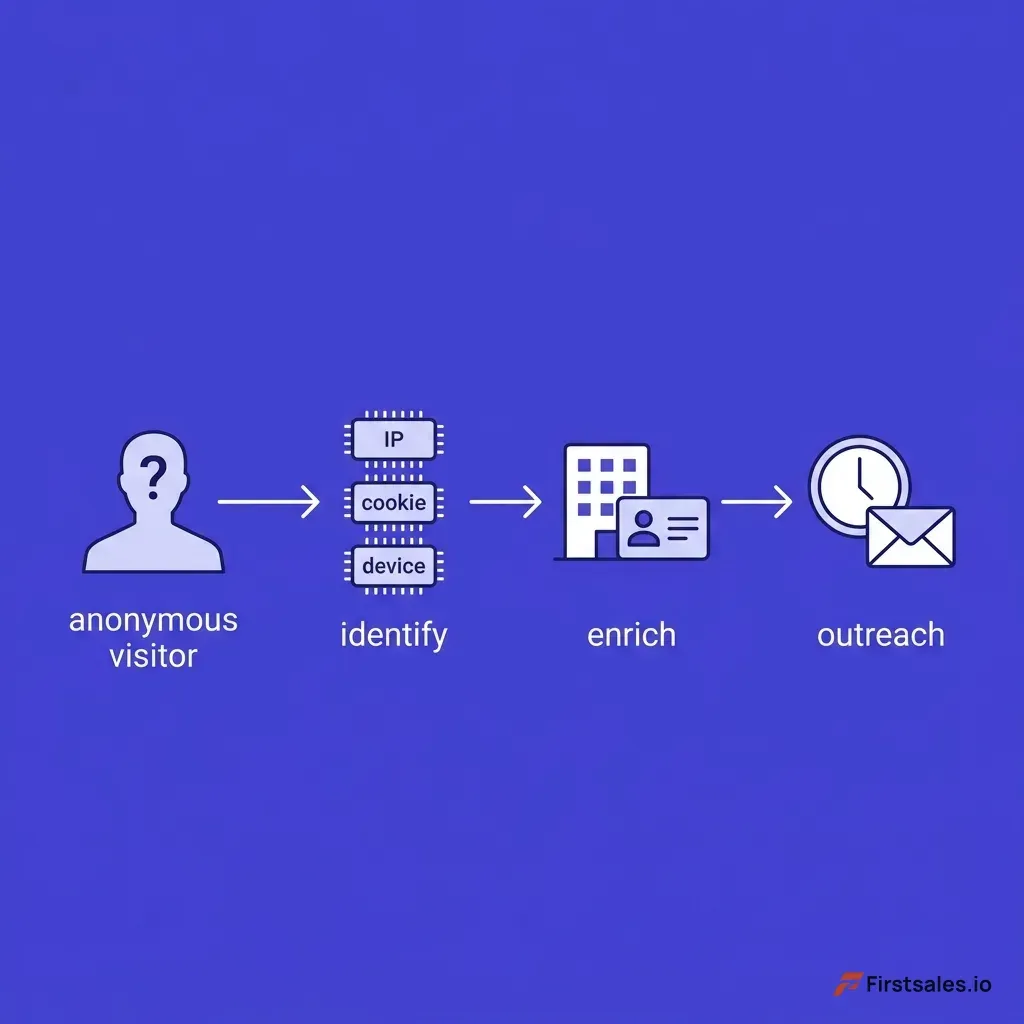 Flat indigo and white diagram of the visitor deanonymization pipeline: an anonymous visitor icon flows to an identify step (IP plus cookie plus device fingerprint), then an enrich step (company and contact data), then a signal-timed outreach step with a clock and an envelope