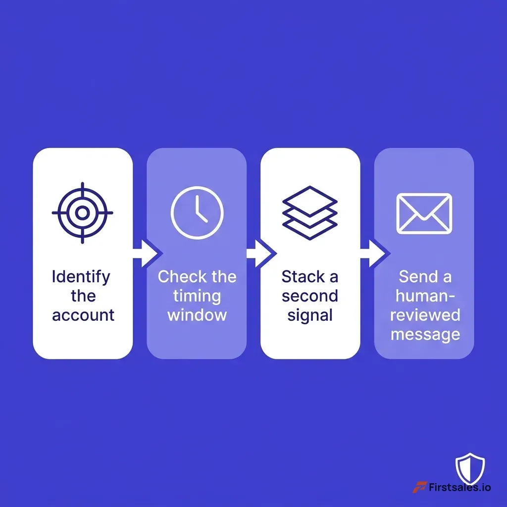Flat indigo and white infographic of the visit-to-reply framework: four steps shown as connected blocks reading identify the account, check the timing window, stack a second signal, then send a human-reviewed message that never mentions the visit, with a small shield icon marking the privacy guardrail
