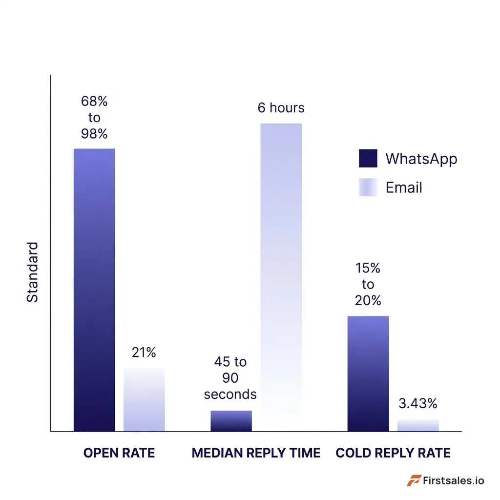 Side by side bar chart comparing WhatsApp and email on three metrics: open rate showing WhatsApp 68 to 98 percent versus email 21 percent, median reply time showing WhatsApp 45 to 90 seconds versus email 6 hours, and cold reply rate showing WhatsApp 15 to 20 percent in opted-in regions versus email 3.43 percent, deep indigo background with white and light indigo bars