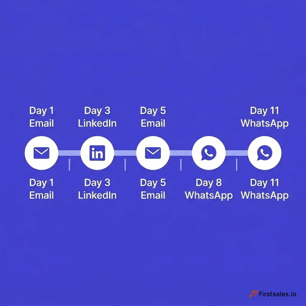 Horizontal timeline diagram of a five-step B2B multichannel sequence reading left to right: day one email introduction, day three LinkedIn connection, day five second email, day eight WhatsApp follow-up referencing the earlier emails, and day eleven a final WhatsApp nudge, each step shown as a labeled node with a channel icon and the spacing marked between nodes, deep indigo background with white nodes and light indigo connecting line