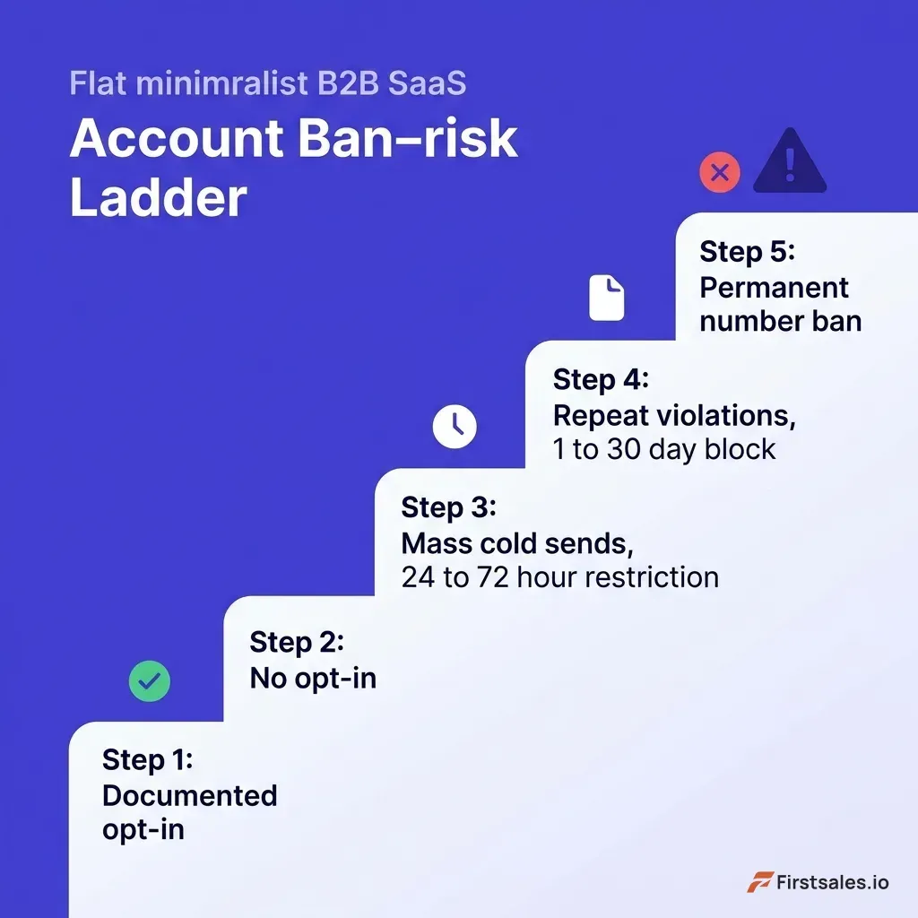 Flat infographic of a WhatsApp account ban-risk ladder showing five escalating stages from left to right: documented opt-in marked safe with a green check, no opt-in marked risky, mass cold sends triggering a 24 to 72 hour restriction, repeat violations triggering a 1 to 30 day block, and persistent abuse ending in a permanent number ban marked with a red cross, deep indigo background with white icons and a single indigo warning accent