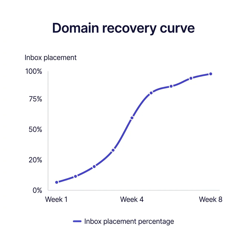 Weekly recovery curve showing inbox placement percentage climbing over an eight week window