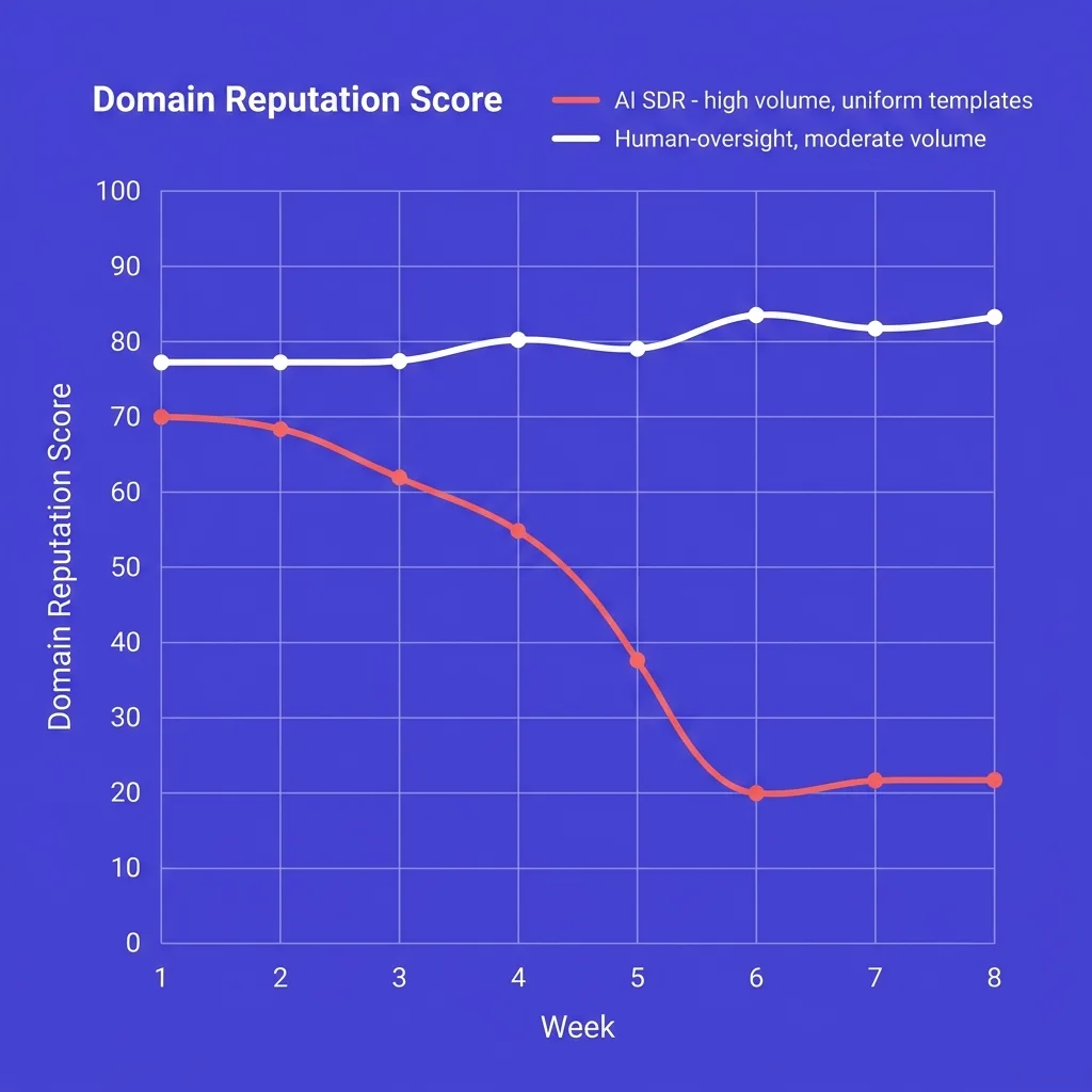 Chart showing domain reputation decline over time with high-volume identical sends vs. varied, moderate-volume sends