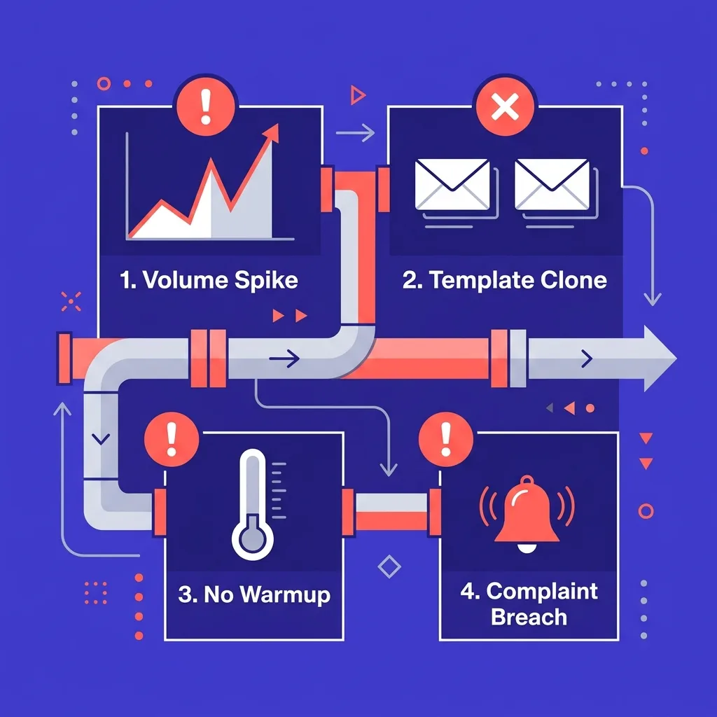 Diagram showing an AI SDR pipeline with four failure points: volume spike, template clone, no warmup, and complaint threshold breach
