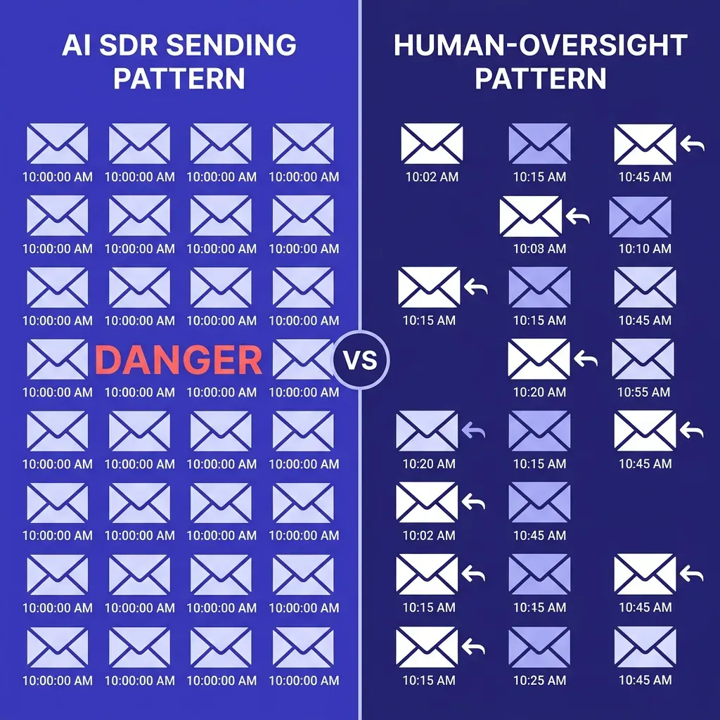 Infographic comparing behavioral signal patterns: AI SDR uniform machine cadence vs. human-variation cadence with natural timing spread