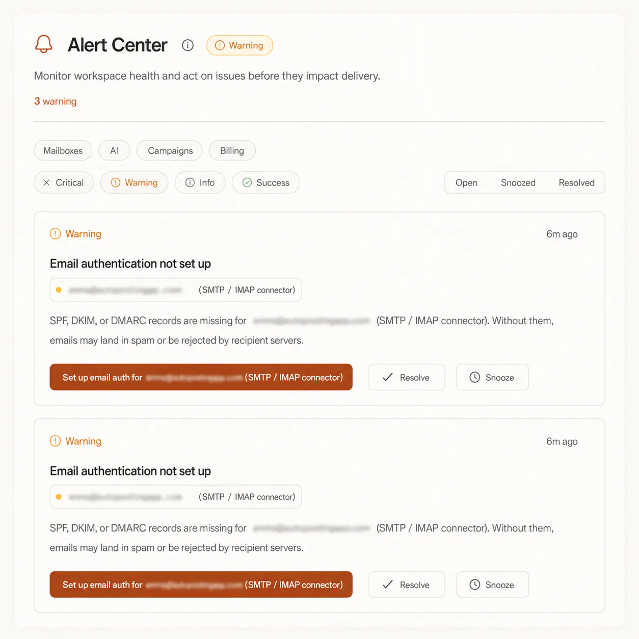 FirstSales sending an instant deliverability alert and auto-pausing a risky mailbox