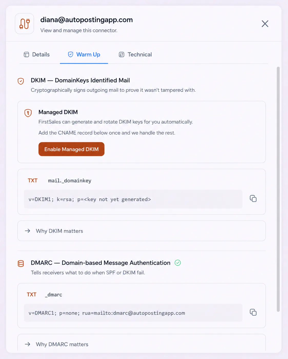FirstSales guided SPF, DKIM, and DMARC setup with copy-paste DNS records