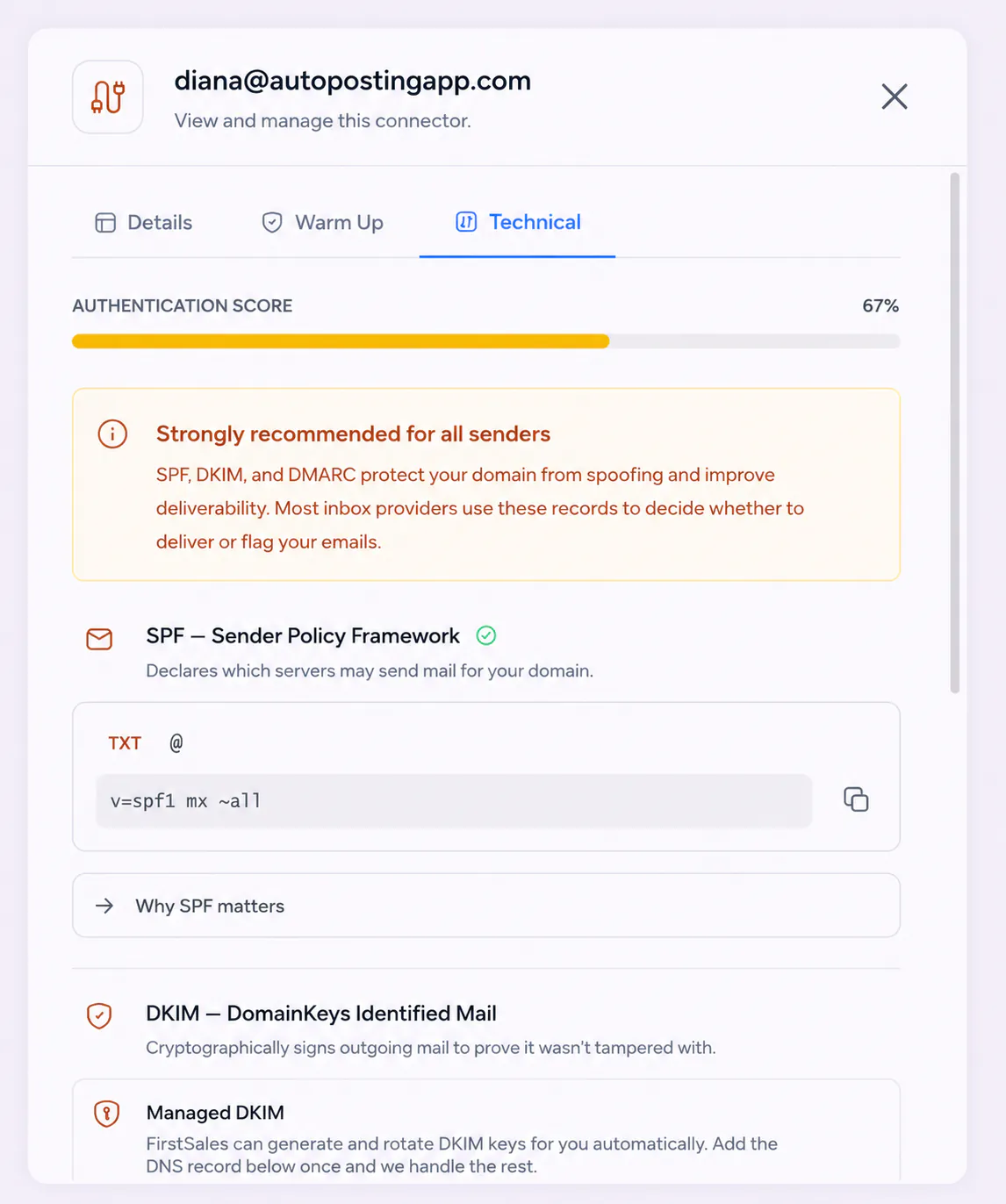 FirstSales showing SPF, DKIM, and DMARC status with guided copy-paste DNS fixes
