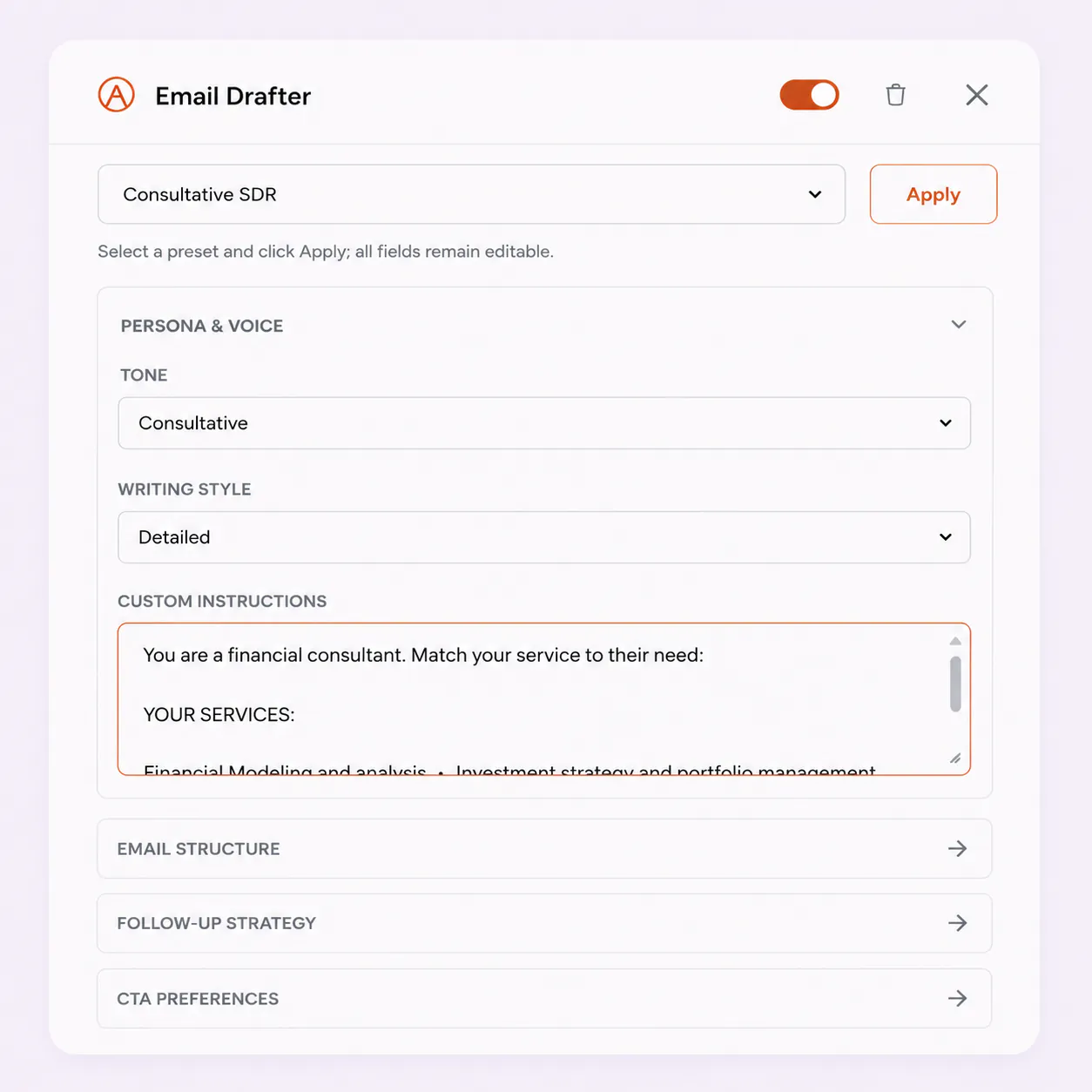 FirstSales AI composing a personalized financial services cold email