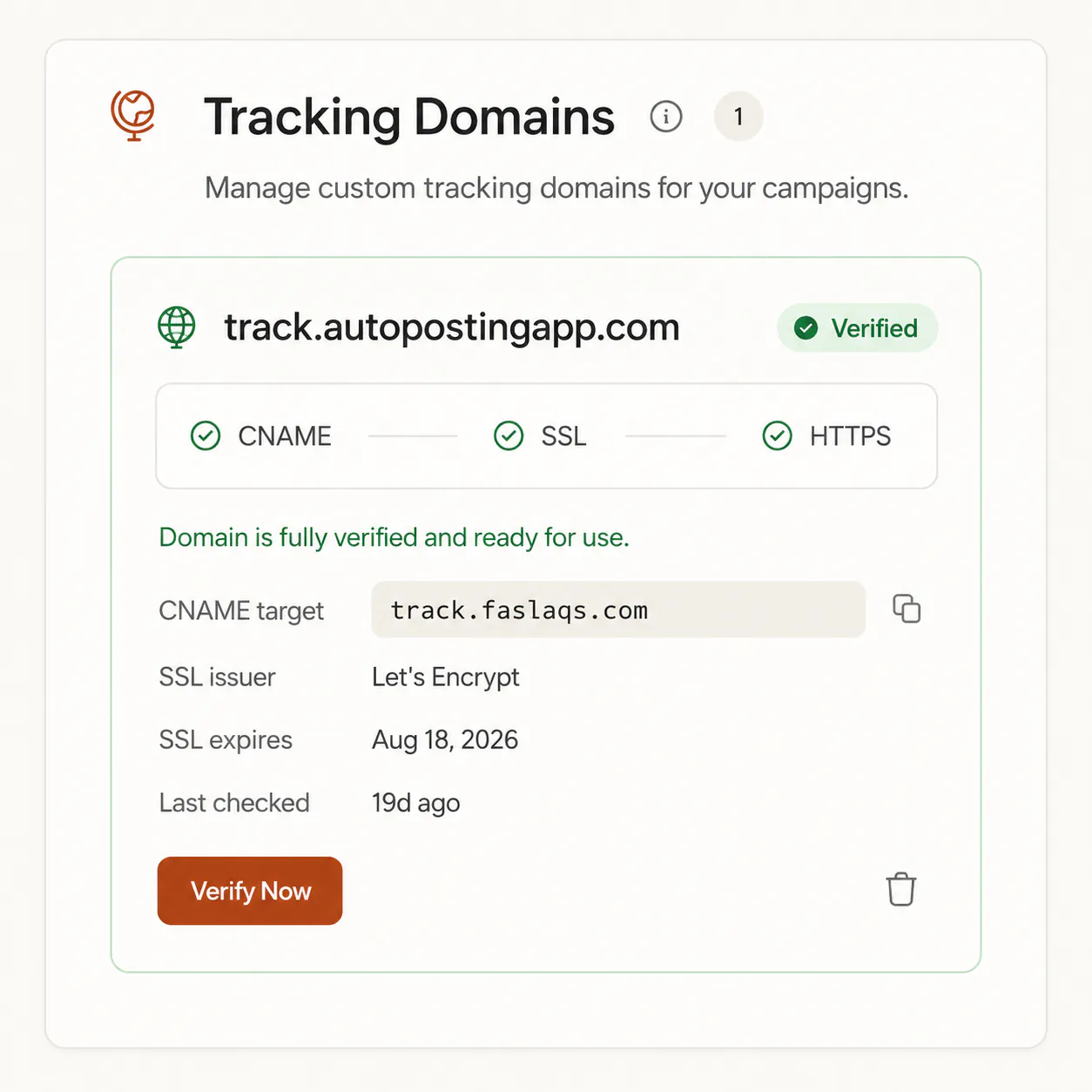 FirstSales managing sending domains and a custom tracking domain with verified authentication