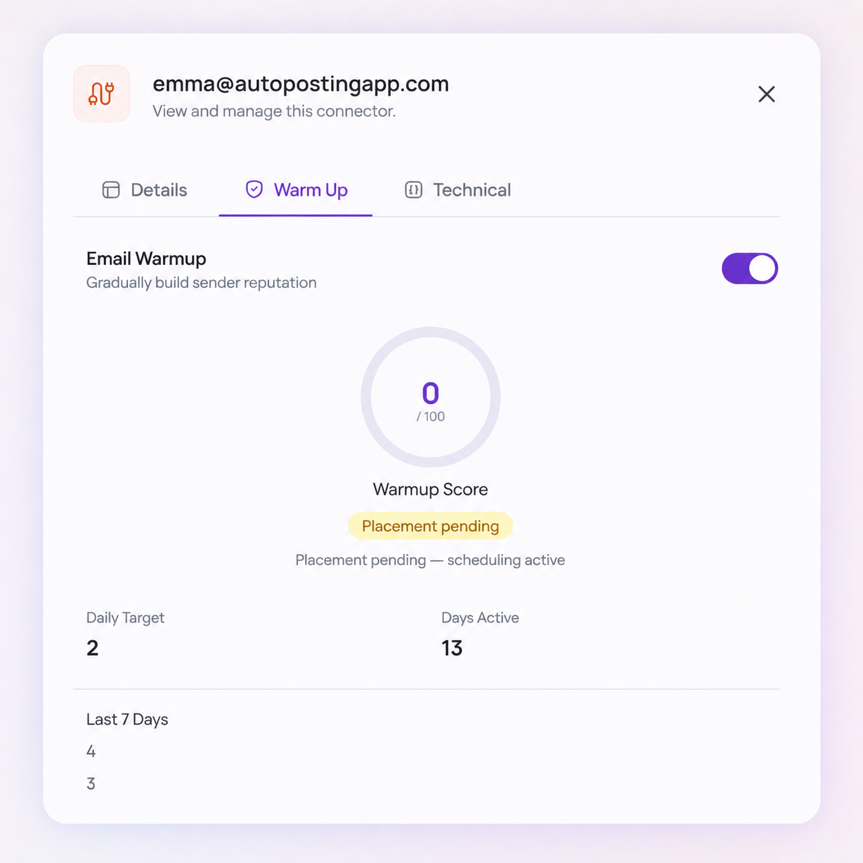 Smart warm-up dashboard showing email reputation building progress